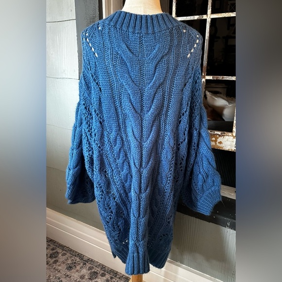 Three Birds Nest GOLDEN HOUR BUBBLE SLEEVE SWEATER DRESS Blue Cable Knit - Picture 4 of 5